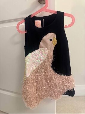 Girls Black Dress with Pink Sequin & Fuzzy Bird Appliqué